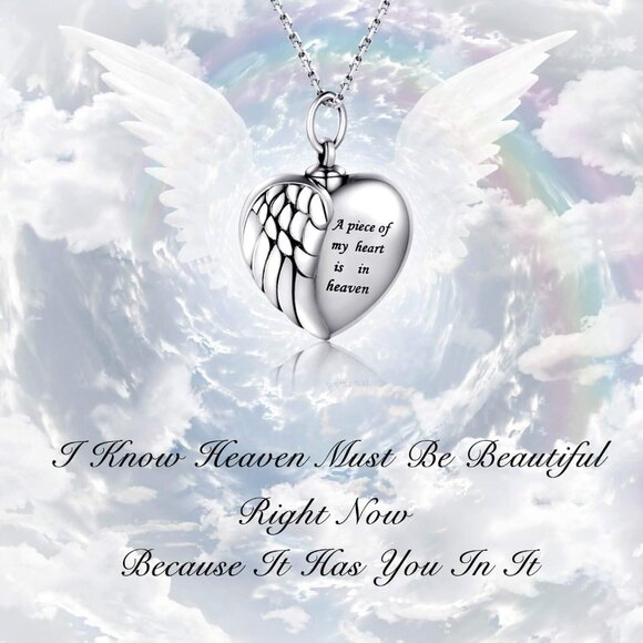 Sterling Silver Angel Wing Heart Urn Necklace Memorial Keepsake for Ashes - Picture 2 of 7